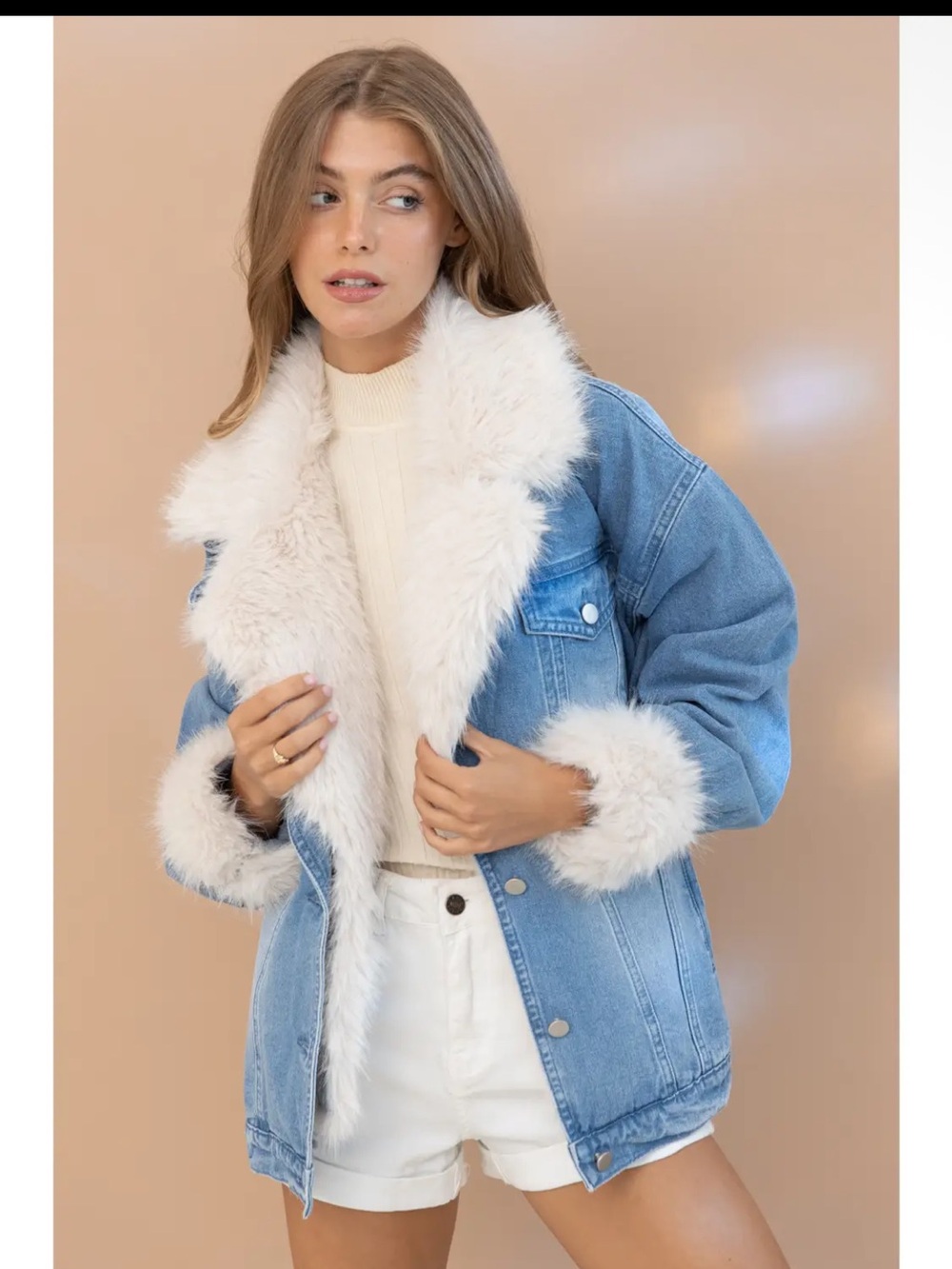 869. Fur collard cuff oversized washed denim jacket